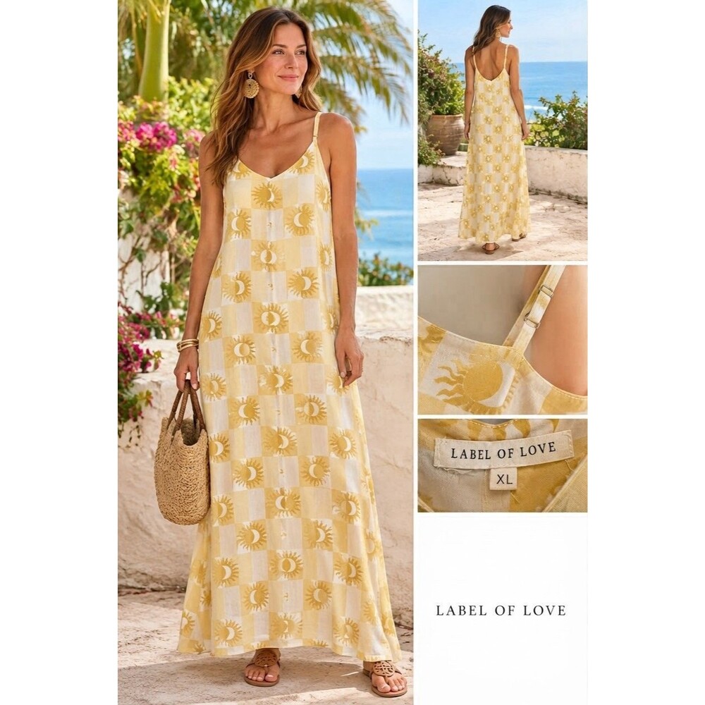Label Of Love Sundress V-Neck Adjustable Straps Graphic Sun Pattern Yellow Cool